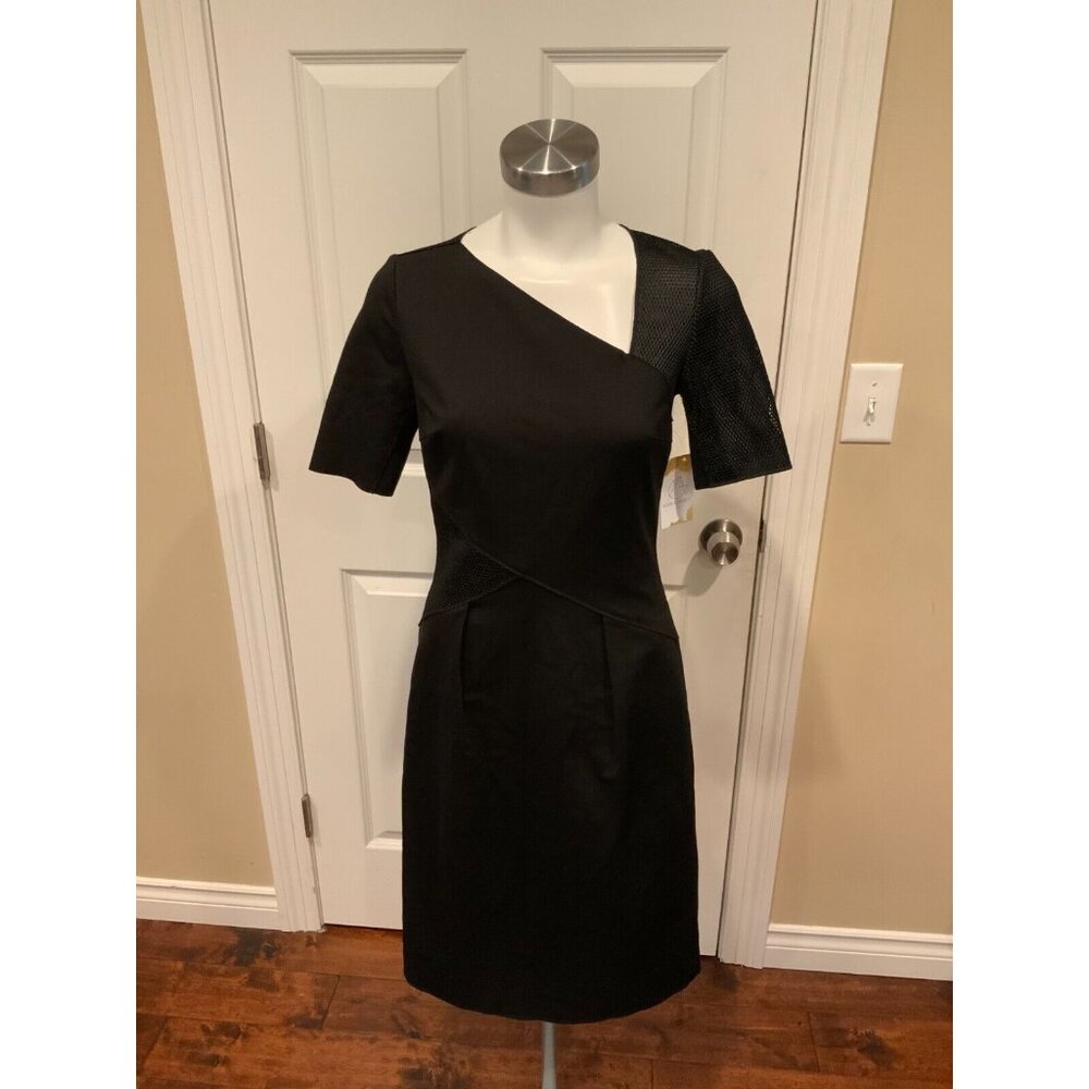 Elie Tahari Black V-Neck Pencil Short Sleeve Dress w/ Mesh Panels, Size 2